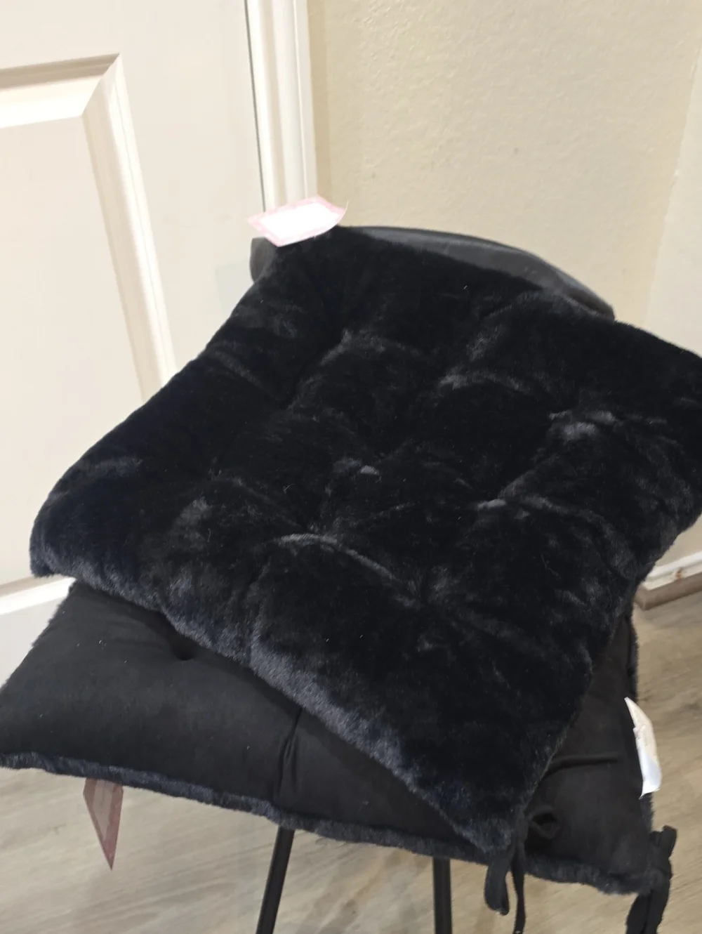 At Home Plush Faux Fur Reversible Tie Seat Cushions- Black